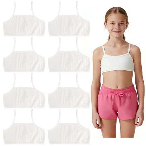 8 Pack Girls Bras, Girls Clothing,Crop Tops for Girls, White Sports Bra,Soft Comfortable Cotton Girls Sports Bra Kids for Kids 8-12 Years
