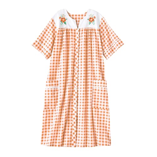 Image of AmeriMark Women Calf-Length Snap Front Knit Duster House Coat Robe - Loose-Fitting Plush Bathrobe - Short Sleeve Bath Robe