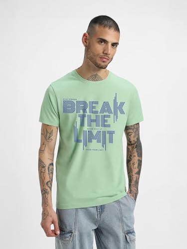Image of Veirdo Regular Fit Half Sleeves Round Neck Arizona Typographic Printed Pure Cotton T-Shirt for Men (Colors: Green & Navy)