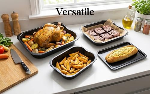 4-Pack Black Roasting and Baking Tray Set - Large Roaster (38cm), Medium Roaster (33cm), Small Roaster (28cm) & Small Tray (32cm) - Baking Tray Set Tray/Pan, Non-Stick, Multi-Pack - Dishwasher Safe - Image 6