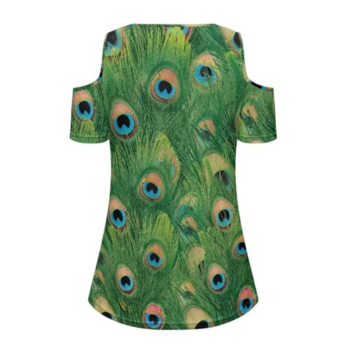 Allinterest Peacock Feathers Print Off Shoulder T-Shirts for Womens Plus Size Trendy Summer Short Sleeve V Neck Casual Tees Tops — view 5