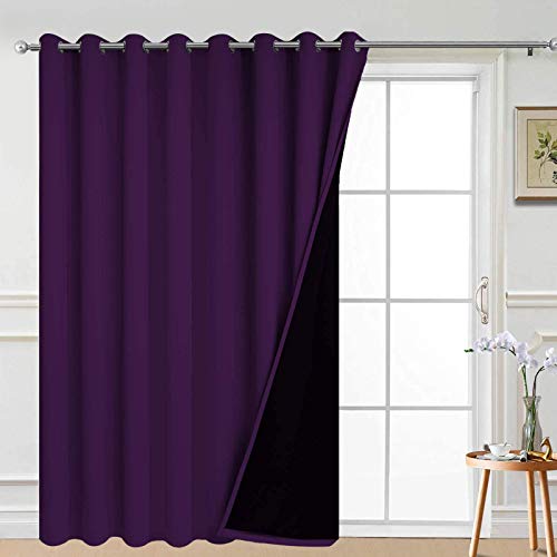 Image of Yakamok Purple 100% Blackout Patio Door Curtain Panels W100 x L96,1 Panel | Noise Reducing Barrier Panel for Sliding Glass Door, 2 Thick Layers Heat Full Light Blocking Patio Door Drapery