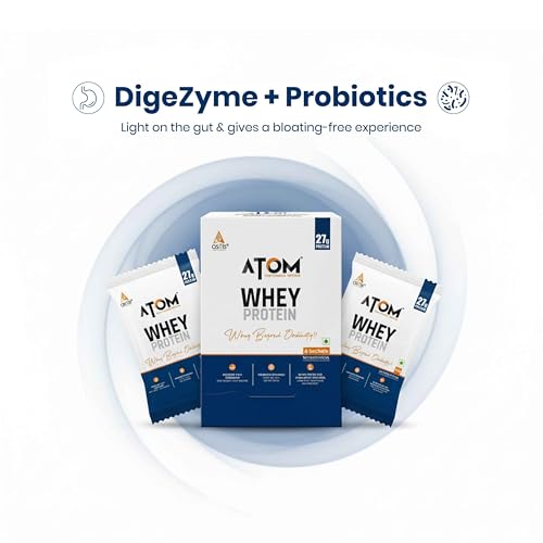 Image of AS-IT-IS ATOM Whey Protein - Isolate & Concentrate Blend I 27g Protein, DigeZyme & Probiotics, Light on Gut, Big on Gains, Easy to Carry Anywhere (No Excuse Travel Pack, 6 Sachets x 36g)