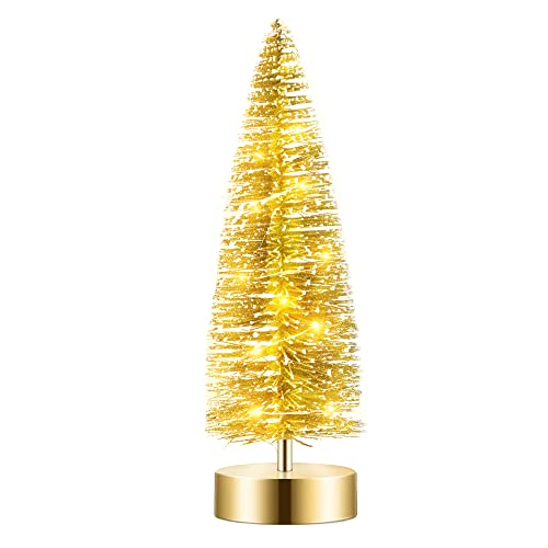 Prelit Christmas Tree Glitter Tabletop Tree Bottle Brush Trees 13.8'', Gold
