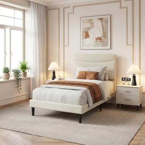 IDEALHOUSE Twin XL Upholstered Platform Bed Frame with Ergonomic Headboard,