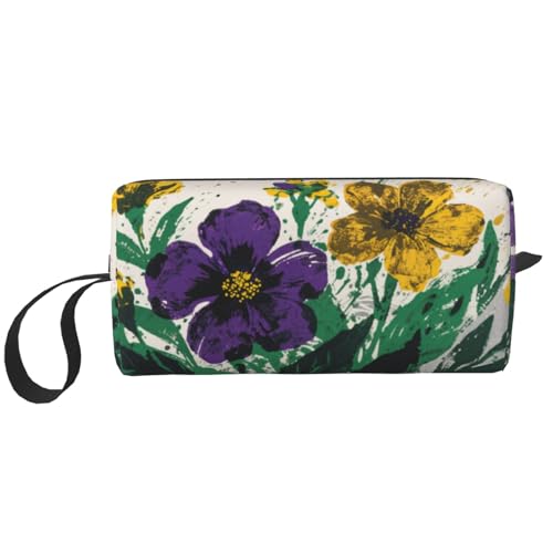 OLUSENMO Purple & Yellow Floral Makeup Bag Small Compact & Durable Travel Cosmetic Bag Organizer Oxford Fabric Impact-Resistant Multi-Purpose Storage Perfect for Travel, Gym, Daily Use