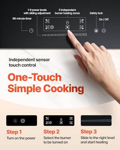 Image of VEVOR Electric Cooktop, 36 inch 5 Burners Built-in Electric Stove Top, 8600W Ceramic Top Radiant Cooktop with Glass Panel, Touch Control, Timer, Child Lock, 9 Heat Level, 220-240V, Hard Wire (No Plug)