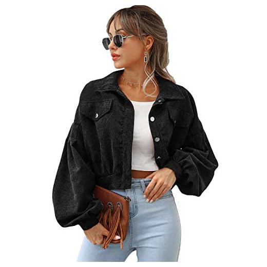 Qiaomai Womens Corduroy Jacket Loose Button Up Puff Sleeve Cropped Solid Jacket Coat (Black-M)