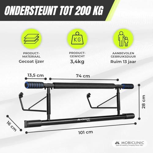 Mobiclinic® fitness, Opknoping pull-up bar, Gereedschaploos, K5, Max. 200 kg, Met elastische, Anti-slip schuim handgrepen, Staal, Verstelbaar 70-92 cm, Thuis oefening, Gemakkelijk opbergen - Afbeelding 3