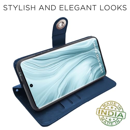 Image of Pikkme Flip Cover Leather Finish | Inside TPU with Card Pockets | Wallet Stand and Shock Proof | Complete Protection Button Flip Case for Vivo V40 5G / V40 Pro 5G / T3 Ultra 5G (Blue)