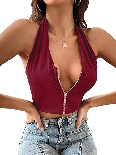SheIn Women s Half Zipper Sleeveless Halter Crop Tops Backless Plain Tanks Burgundy Medium
