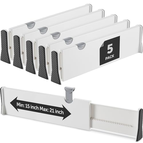 Image of Adjustable Tall Drawer Dividers, [5 Pack] Adjusting Length from 15 Inch - 21 Inch, Drawer Organizers for Clothes, Locks in Place, Use for Bedroom, Bathroom, Kitchen & Office Organization and Storage.