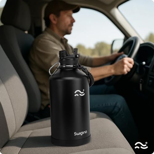 Image of Swigina [2-IN-1 LID] Gallon Insulated Water Bottle with Silicone Boot (48hrs Cold /24hrs Hot) - DIY Stickers, Leakproof, BPA Free, 128 oz