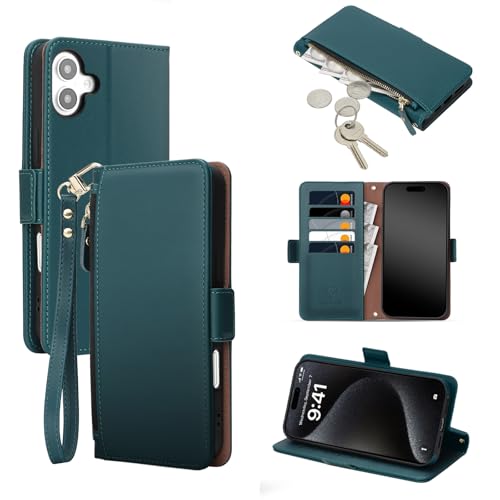 COBEAR for iPhone 16 Plus Case Wallet, Pu Leather Flip Phone Case with Wrist Strap, Zipper Pocket, Kickstand, Women Men Phone Wallet Case with Card Holder for iPhone 16 Plus,Green