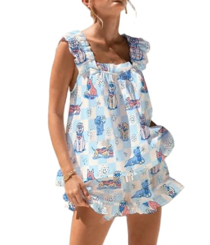 Image of ROAONOCOMO Women Floral Pajama Set Ruffle Babydoll Cami Top Coquette Pj Set Gingham 2 Piece Shorts Outfit Bridal Loungewear