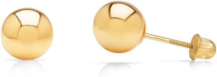 14K Yellow Gold Ball Stud Earrings with Comfort Secure Screw Backs – Genuine 14 Karat Gold Classic Everyday Fine Jewelry – Polished Round Spheres, Available in 3mm to 8mm