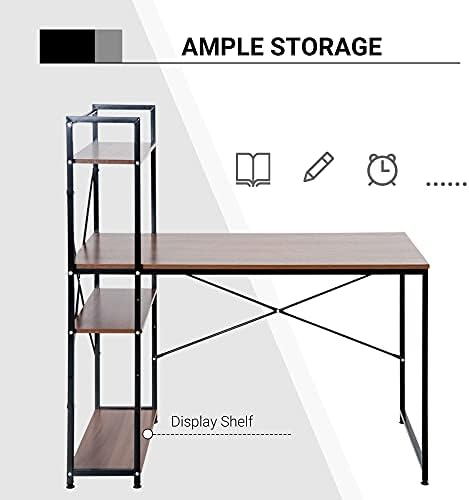 HOMCOM Computer Desk with Storage PC Table Study Workstation Home Office with 4-tier Bookshelf Metal Frame Wooden Top (Walnut & Black)