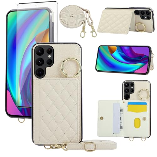 Compatible with Samsung Galaxy S22 Ultra 5G Wallet Cover and Screen Protector Crossbody Shoulder Strap Ring Buckle Stand Card Holder for S22ultra 22S S 22 S22ultra5g 6.8 Women Girls Men Begie Beige