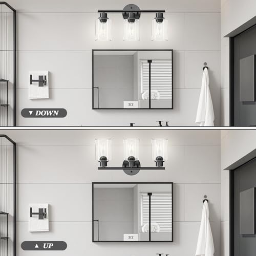 Image of 3-Light Black Vanity Lights, E26 Modern Bathroom Light Fixtures with Clear Glass Shade, Wall Lamps for Mirror Kitchen Hallway Cabinet Living Room Sconces Lights