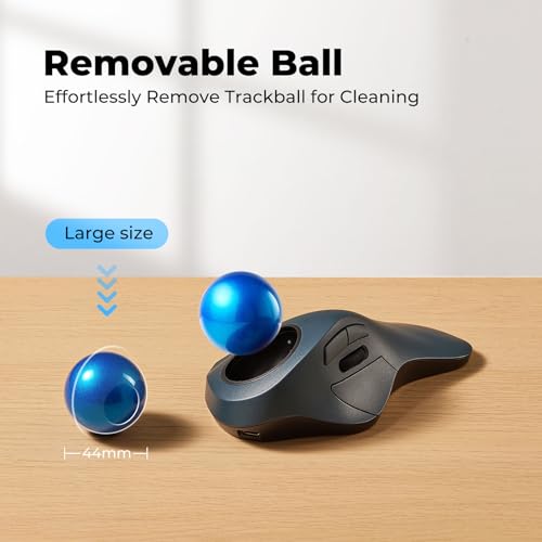 Wireless Trackball Mouse, Comfortable for Large Hands with 44mm Ball, Easy Index Finger Control, Rechargeable, Bluetooth & USB Connection, 5 DPI Adjustable, Compatible for PC, Laptop, Mac, Windows - Thumbnail 6