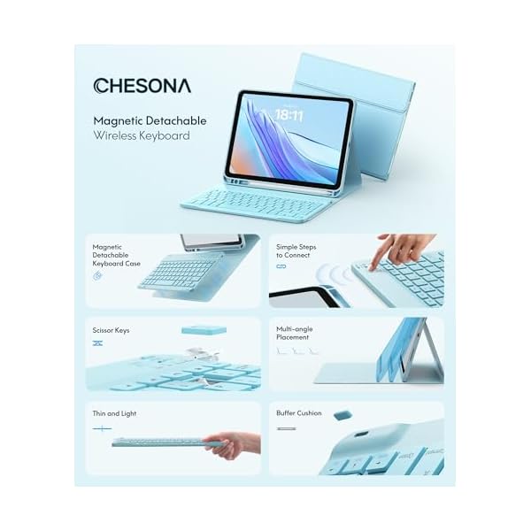 CHESONA Keyboard Case for iPad 10th Generation 10.9-inch 2022, Detachable Bluetooth Keyboard, Stand Folio Keyboard Cover with Pencil Holder, Rechargeable Keyboard for iPad 10th Gen 2022 (Light Blue) - Image 4