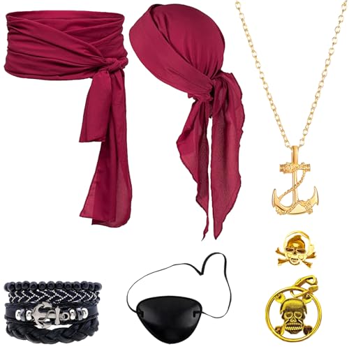 AUNGCSHE 7PCS Disfraz Pirata Mujer Para Hombre, Accesorios Pirata Incluye Cinturón, Bufanda, Máscara, Pendientes, Collar, Pulsera y Anillo, Ideal para Carnaval, Halloween(Negro) (Borgoña)