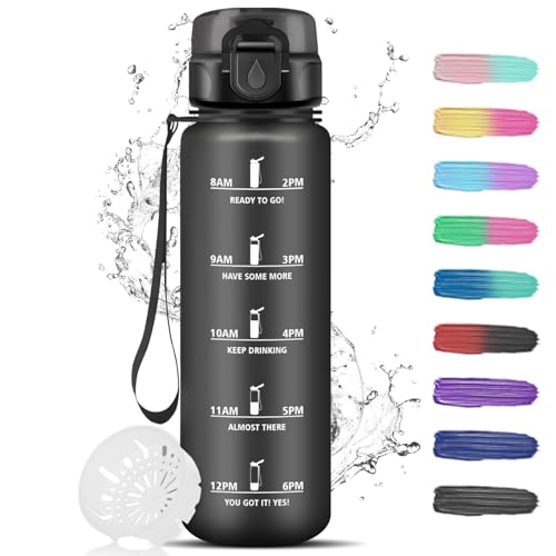 Grsta Trinkflasche 1L, Trinkflaschesport mit Filter, Trinkflasche Auslaufsicher für kohlensäurehaltige Getränke, Wasserflasche mit Uhrzeit, Leicht zu Reinigen, für Fitness, Camping, Wandern, Schwarz