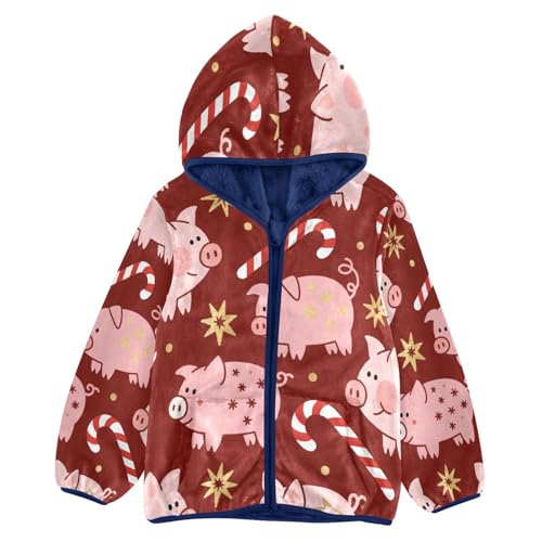 Pig Candy Cane Star Pattern Toddler Fleece Jacket Girl Boys Hooded Fleece Jacket Coat Warm Outwear Zip-up 3-10T