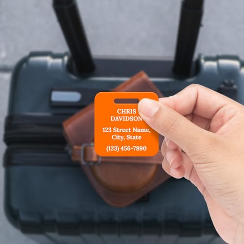 Custom Luggage Tags (3 or 6 Pack), Personalized Name Address for Suitcases,Backpack, Handbag, Travel Equipment Tag, 2x2 Inches, Acrylic Heavy Duty Made in The USA by My Sign Center-Orange4