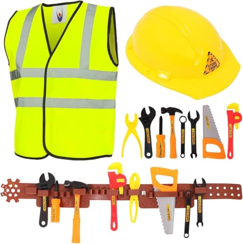 Kit de Herramientas de Juguete para niños, 11 Piezas para Constructor con cinturón de Herramientas (10 Herramientas únicas) – Disfraz de obrero de construcción para niños y niñas (Grande)