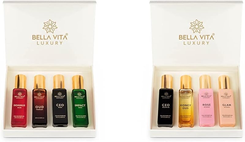 BellaVita Luxury Him and Her Perfume | Valentine's Day Gift Bundle for Men & Women | 8x20ml Mini Perfumes | Woody, Floral, Citrus, Oud, Vanilla & Musk | Couple Gift Set | Travel-Ready Fragrance
