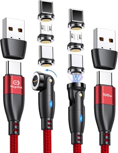 Magnilink 360 PRO 100W Magnetic USB C Phone Charger (Pack of 2) - 6 in 1 Magnet Charging Cable Fast Charging & Data - Works with i-Products, Type-C and Micro USB (Crimson Red)