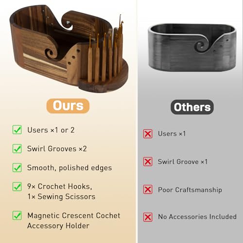Image of Wooden Yarn Bowl, Craft Knitting Yarn Bowls for Crocheting w /9pcs Knitting Hooks, Sewing Scissors & Crochet Tool Holder, Oval Large Crochet Yarn Holder for Knitting Lovers(11.1x6x4.8in, Acacia Wooden)