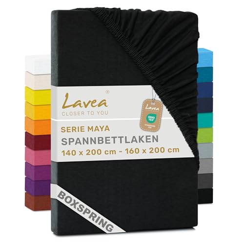 Lavea Jersey Spannbettlaken 140-160x200cm - 40cm Steg für Boxspringbetten - Schwarz, Weich & Atmungsaktiv - Premium Qualität, Pflegeleicht, Perfekte Passform - Ideal für Boxspringbetten