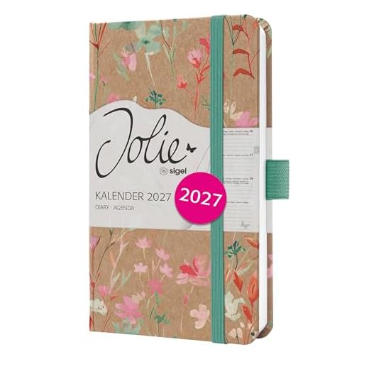 SIGEL 7J806 Wochenkalender 2027 A6, grün, rosa, Hardcover aus Kraftpapier, Gummiband, Stiftschlaufe, 174 Seiten, vegan, Buchkalender, Terminplaner Taschenkalender Jolie