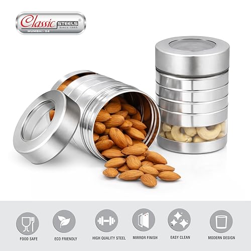 Image of Classic Steels Utility Canister Set of 2, 1000 ml | Airtight Stainless Steel Kitchen Storage Containers with See-Through Window & Top View Lid | Spices, Dry Fruits, Tea, Sugar | Mirror Finish Silver