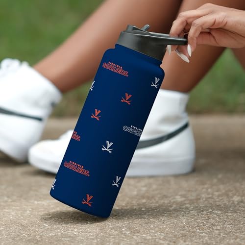 Image of Logo Brands NCAA Virginia Cavaliers Step & Repeat 34 oz Stainless Steel Quencher Bottle - All Over Logo Design, No-Spill Lid, Easy Carry Handle - Keeps Drinks Cold For Hours