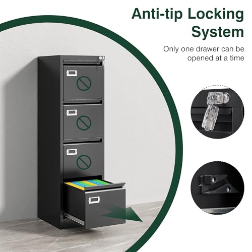 STANI Metal Vertical File Cabinet with Lock,Narrow Filing Cabinets Hanging Files Letter/Legal/A4 Size, Metal Storage Cabinet for Home Office, Assembly Required (Black, 4-Drawer)