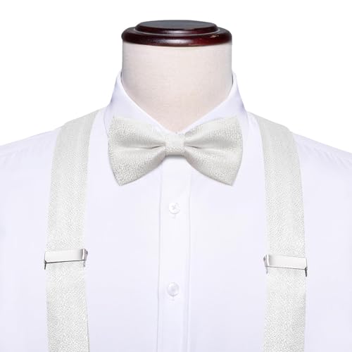 Image of Hi-Tie Men Suspender Bowtie Set Suspenders Pre-tied Bow Tie Pocket Square Cufflinks Adjustable Y Shape 6 Clips Braces Tuxedo