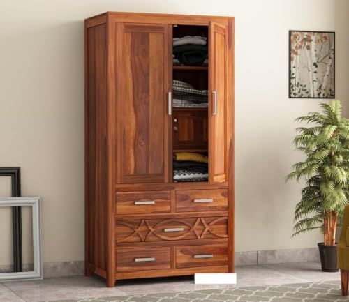 Image of Solid Wooden Wardrobe for Clothes | Solid Wood 2-Door Wardrobe with 5 Drawer Storage | Storage Cabinet for Your Living Room (Teak)| (Hony)