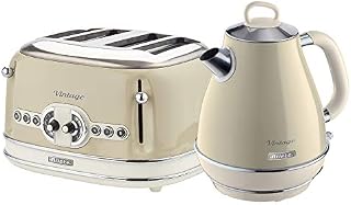 Ariete ARPK19 Retro Style Jug Kettle and 4 Slice Toaster Set, Vintage Design, Beige