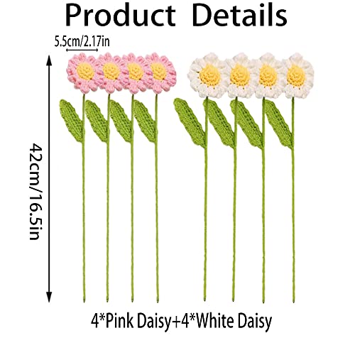 8 Pcs Hand Made Knitted Fake Sunflower Daisy Artificial Flowers for Decoration Crochet Flowers，Flocked Daisy Flower Bundle Fake Plants Wedding Centerpieces for Bedroom (White and Pink) - Thumbnail 3