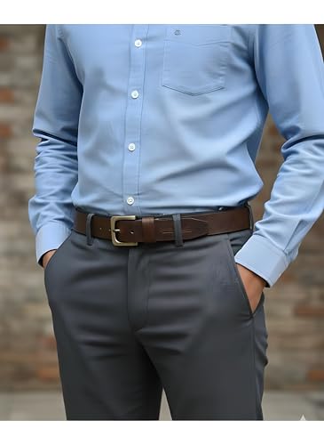 Image of MISTERCRAFT Men's Genuine Leather Casual Belt | Brown Handed Milled Textured | Durable Pin Buckle | Adjustable Waist | Ideal for Jeans, Chinos & Formal Wear | Gift for Men
