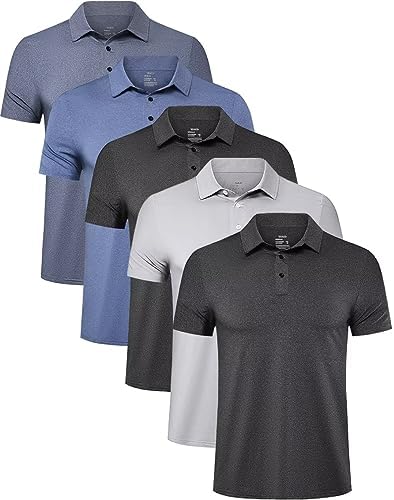 TELALEO 4/5 Pack Mens Polo Shirts Quick Dry Short Sleeve Golf T Shirt Performance Moisture Wicking Casual Workout, 2black/Light Grey/Light Blue/Blue(5 Pack), Large