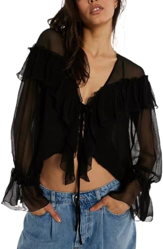 Boho Lace Bow Tie Front Top for Women Cute Sheer Ruffle Flowy Long Sleeve Shirts Coquette V Neck Button Down Blouse