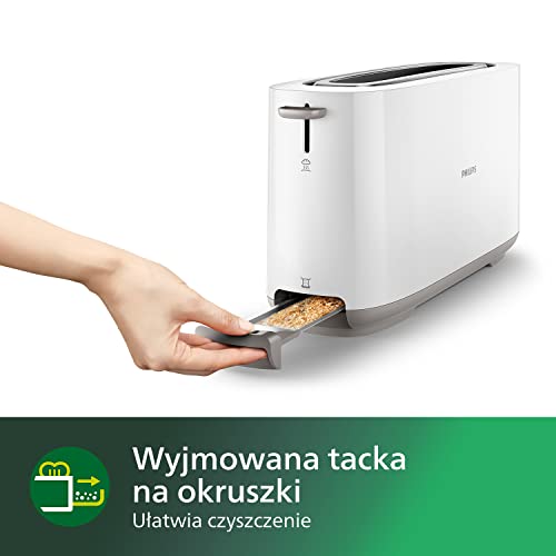Philips Toster - Długi otwór, 8 Poziomów opiekania, Ruszt do bułek, Funkcja rozmrażania, Obudowa Cool Touch, Wysoki podnośnik, Automatyczne wyłączanie, Biały (HD2590/00)
