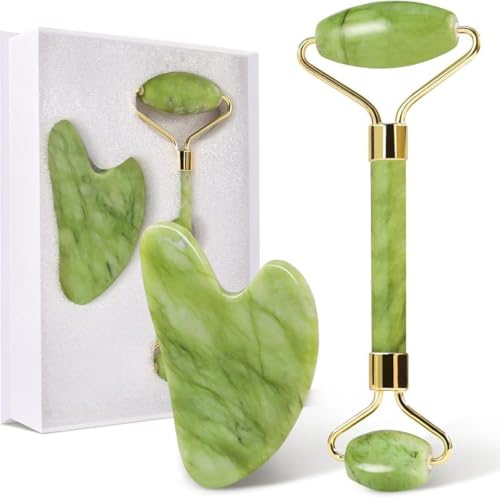 HG AESTHETICS Rodillo de Jade con Piedra Gua Sha | Set de Masaje Facial | Aumenta la Elasticidad de la Piel y la Producción de Colágeno | Alivia la Tensión y Reduce la Hinchazón (Verde)