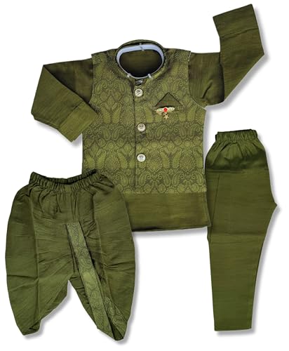 Image of Little Kids Ethnic Wear Kurta Pyjama and Waistcoat Set For Boys | Stylish Ethnic Wear | 3-piece set | Silk and Cotton Blend Fabric
