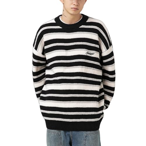 Men's Striped Knitted Sweater Crewneck Long Sleeves Pullover Vintage Soft Textured Knitwear