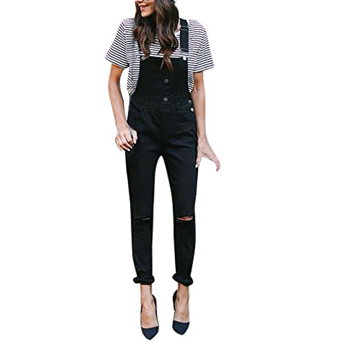 F_Gotal Women's Fashion New Denim Ripped Hole Bib Overall Jumpsuit Casual Jeans Pants